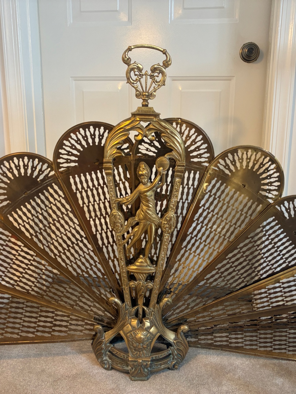 Ornate Brass Fan Fireplace Screen - Gold Accent